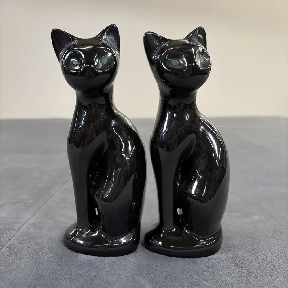 Vintage MCM Pair of Black Ceramic Cat Figurines Green Eyes Copy Cats 8.5” Chrty